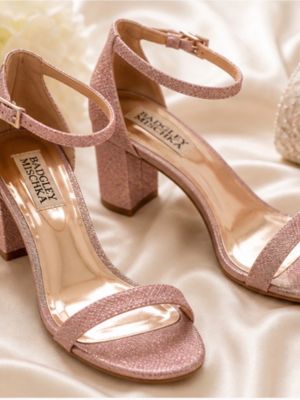 Badgley Mischka Dusty Pink Glitter Ankle-Strap Block Heels